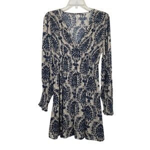 CUPSHE Cooler Daze Smocked Vneck Dress Navy Beige Damask Mini Long Sleeve NWT M